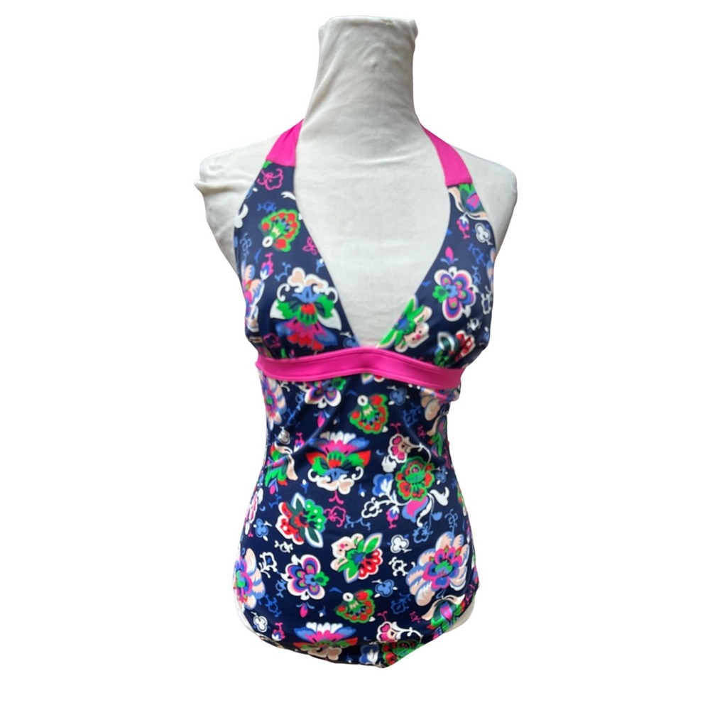 Boden Floral Halter One Piece Swimsuit Size 8 Navy Pink Retro Swimwear